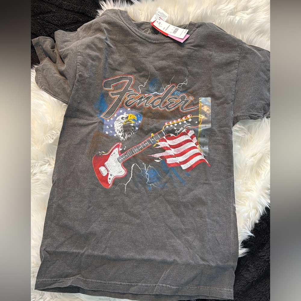 Fender Charcoal T-Shirt with Red Guitar and Flag